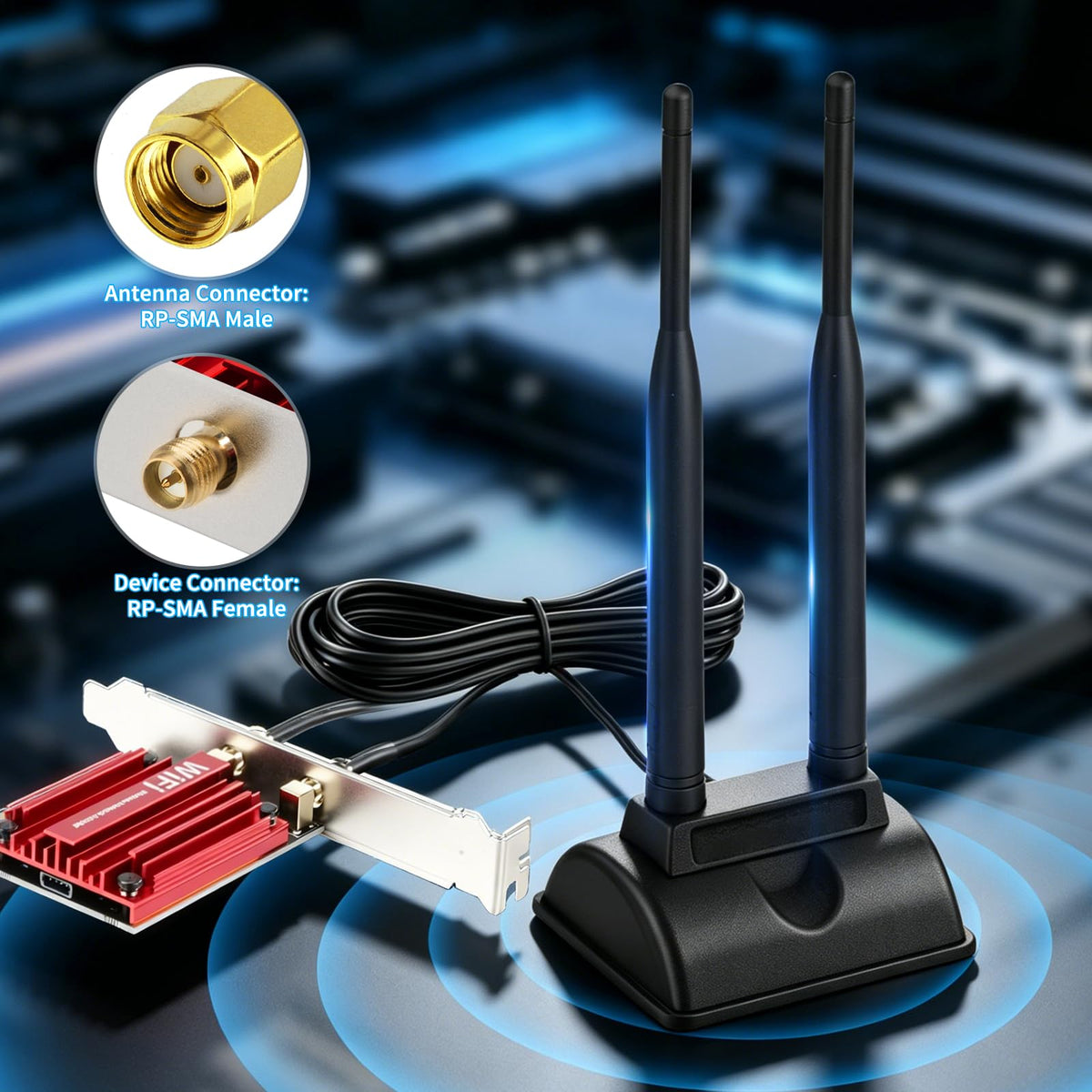 Eightwood Dual Band WiFi 6 Antenna 5GHz 2.4GHz RP-SMA Antenna with Magnetic Base for Desktop PC Computer Gaming Motherboard PCIe WiFi Bluetooth Card