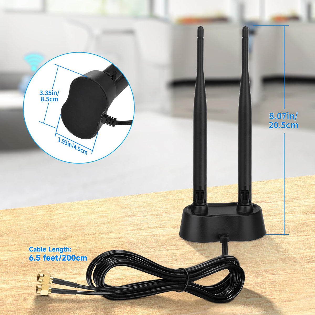 Eightwood 9dBi Dual Band WiFi Antenna 2.4GHz 5GHz RP-SMA WiFi Antennae with Magnetic Base and 6.5ft Extension Cable for PC Desktop Computer PCIe Bluetooth Wireless Network Card,WiFi Router