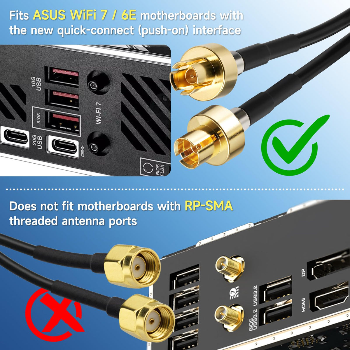 Eightwood Tri-Band WiFi 7 Motherboard Antenna with Push-On Connector | for ASUS ROG Strix / TUF Gaming / ProArt / PRIME Series WiFi 7 Motherboards, Magnetic Base, 6.5ft Extension Cable