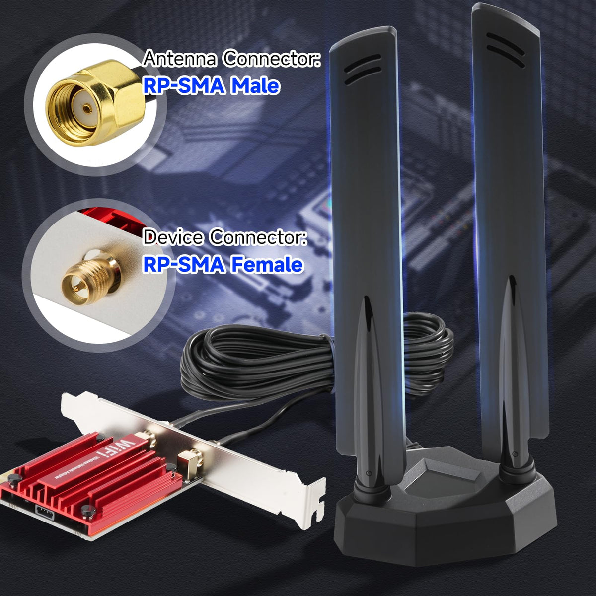 Eightwood WiFi 7 Antenna Tri-Band 6GHz 5GHz 2.4GHz RP-SMA Antenna with Magnetic Base for PC Desktop Computer Gaming Motherboard PCIe Bluetooth Card WiFi 7 Router