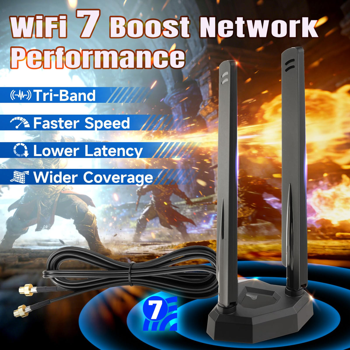 Eightwood Tri-Band WiFi 7 Motherboard Antenna for ASUS Gaming PC | Compatible with ROG Strix X870E-E, TUF Gaming B850-PLUS/X870-PLUS, ROG Crosshair X870E Hero, Magnetic Base, 6.5ft Cable