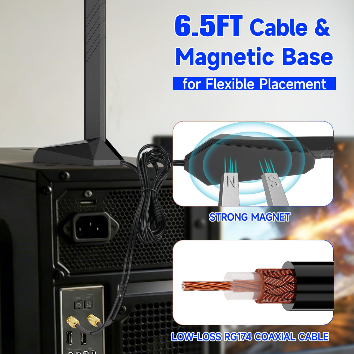 Eightwood WiFi 7 WiFi 6E Antenna Tri-Band 6GHz 5GHz 2.4GHz RP-SMA Antenna with Magnetic Base for Desktop PC ASUS Gigabyte Aorus Gaming Motherboard PCIe Bluetooth Card
