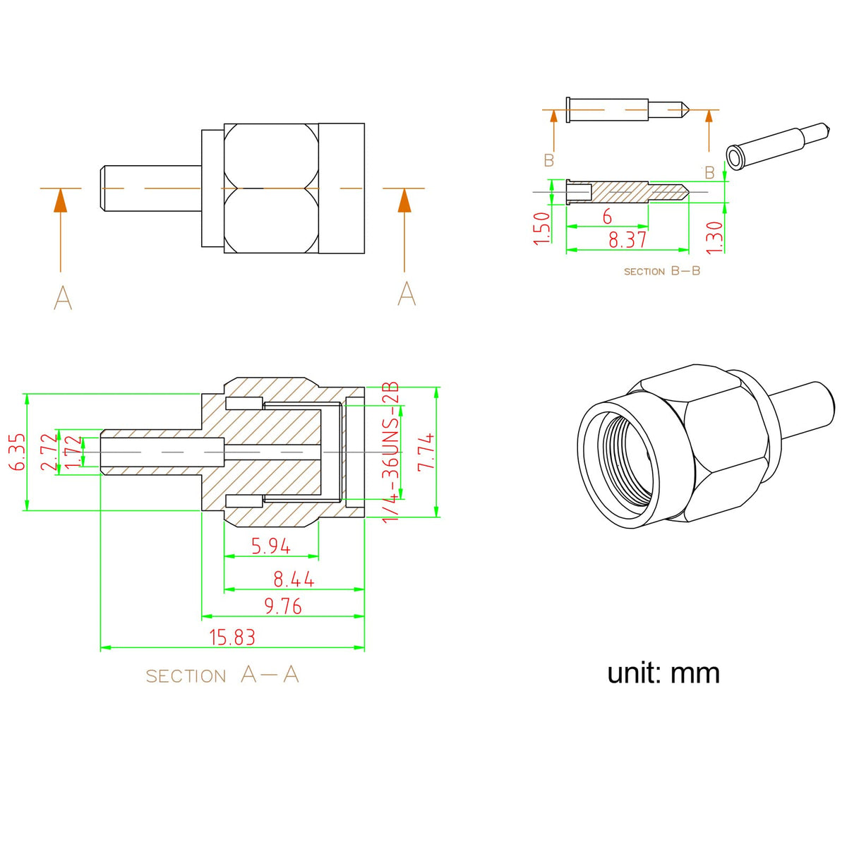 Eightwood 10pcs SMA Male Crimp Connector Gold-Plated for RG316 RG174 Cable