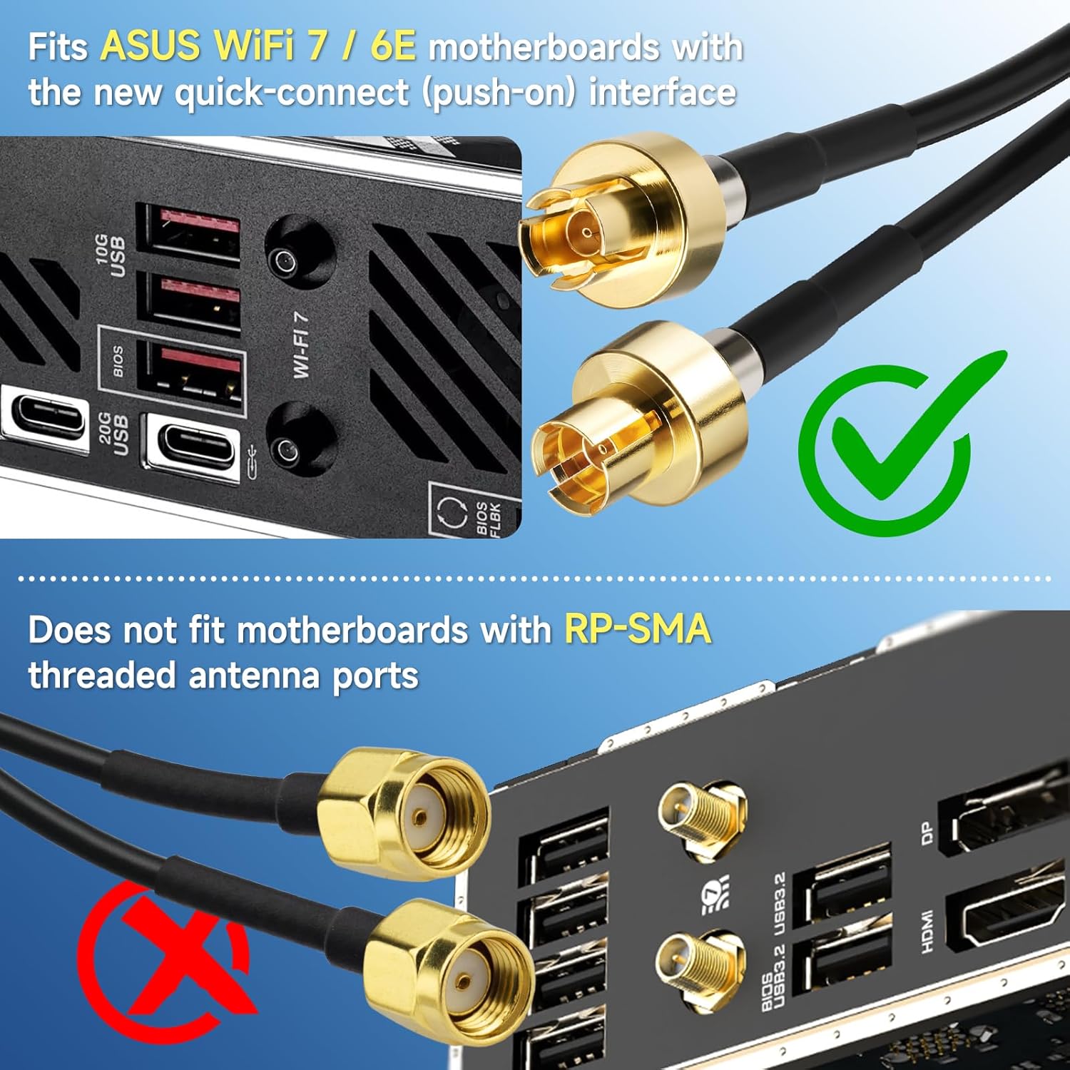 Close-up of ASUS Q-Antenna Push-On Connector (Not Threaded) for New WiFi 7 Boards
