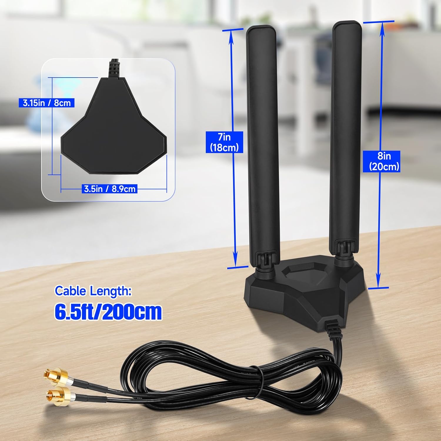 Specifications of Eightwood WiFi 7 antenna showing 6.5ft RG174 coaxial cable and 20cm height