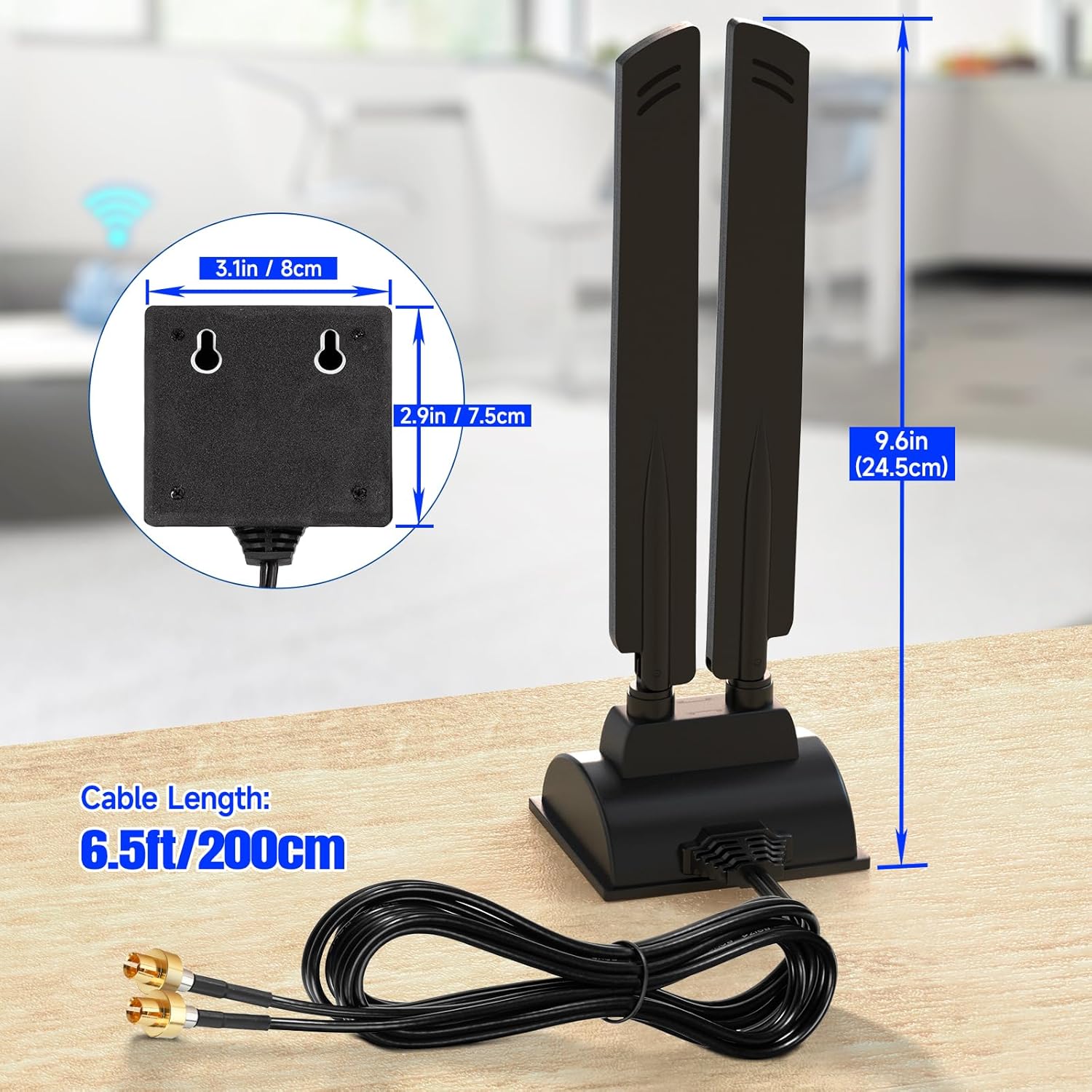 Dimensions and 6.5ft (2m) cable length of Eightwood WiFi 7 motherboard antenna