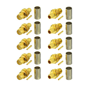 SMA Female Bulkhead Mount Crimp Solder Attachment 50 Ohm Gold Plated Copper Connector (10-Pack) Compatible with RG58 RG303 RG141 RG142 RG400 Low Loss 195 Coaxial Cable