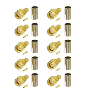 Reverse Polarity RP-SMA Male Crimp Solder Attachment 50 Ohm Gold Plated Copper Connector (10-Pack) Compatible with RG58 RG303 RG141 RG142 RG400 Low Loss 195 Coaxial Cable WiFi Antenna Cable