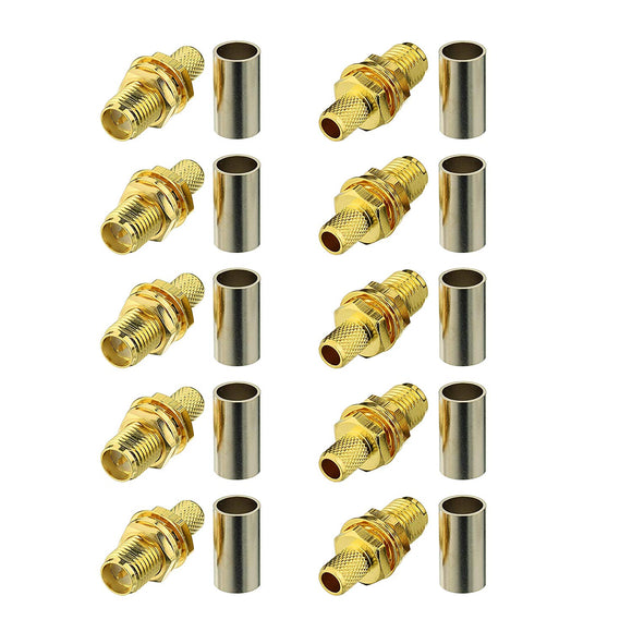 Reverse Polarity RP SMA Female Bulkhead Mount Crimp Solder Attachment 50 Ohm Gold Plated Copper Connector (10-Pack) Compatible with RG58 RG303 RG141 RG142 RG400 Low Loss 195 Coaxial Cable